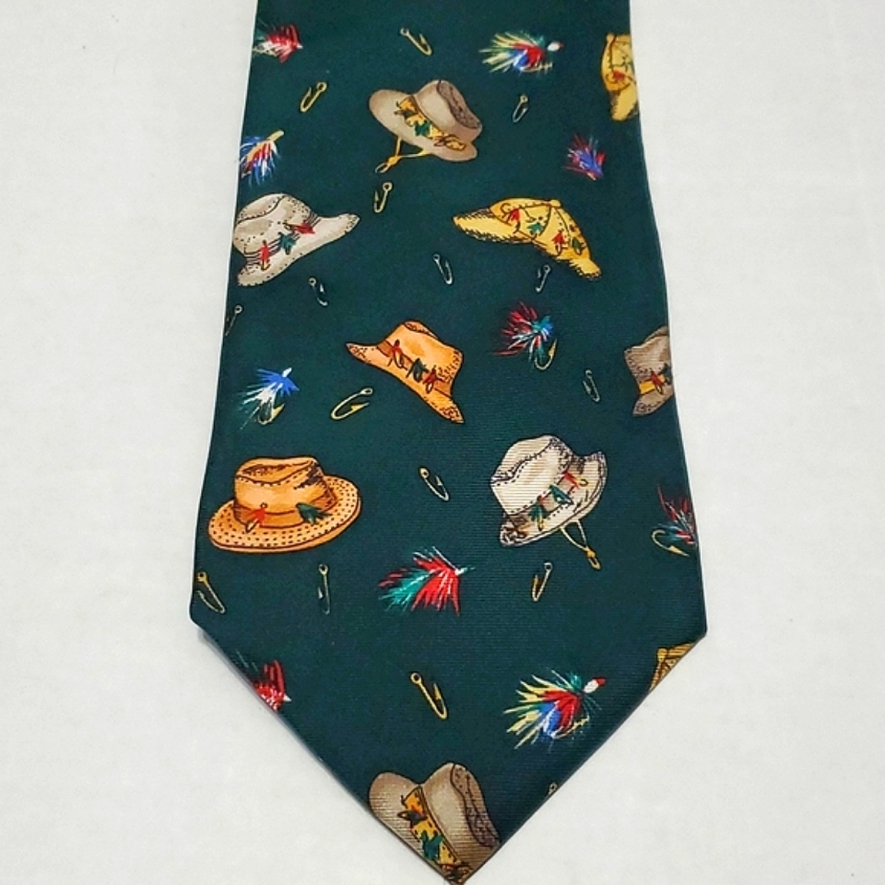 Alynn Neckwear Vintage Dark Green Fishing Hats  Career 100% Silk Tie